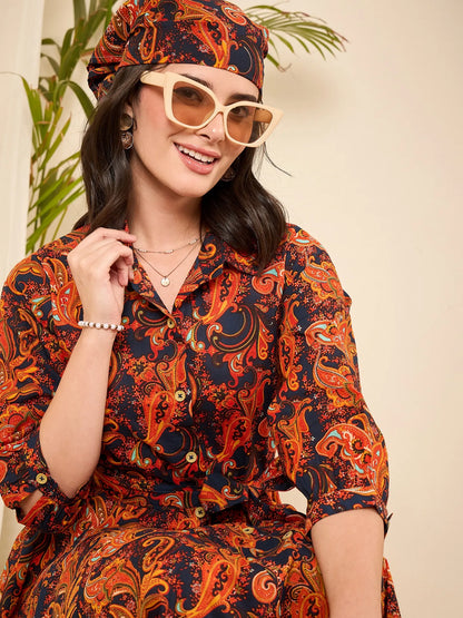 women-navy-blue-cotton-paisely-print-godet-flared-dress