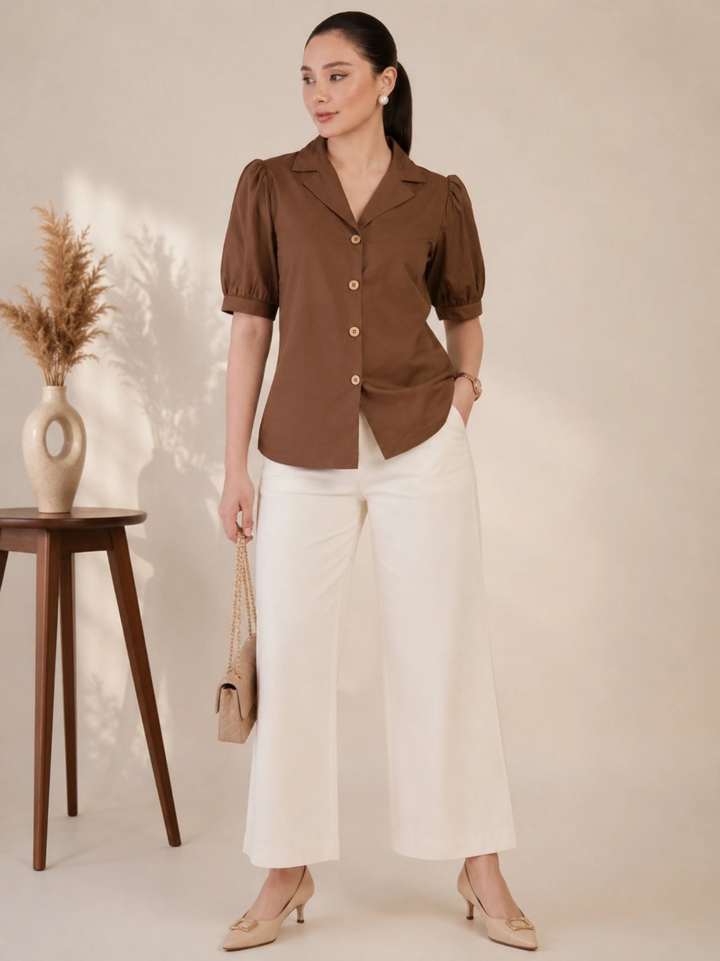 Women's Brown Solid Shirt Collar Puff Sleeve Button Front Regular Fit Casual Office Wear Top for Women