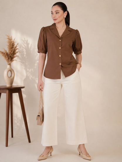 Women's Brown Solid Shirt Collar Puff Sleeve Button Front Regular Fit Casual Office Wear Top for Women