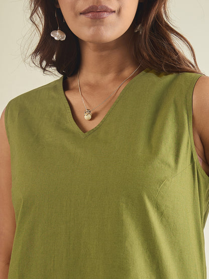 women-green-cotton-poplin-lace-detailed-tunic-with-pant-co-ord-set