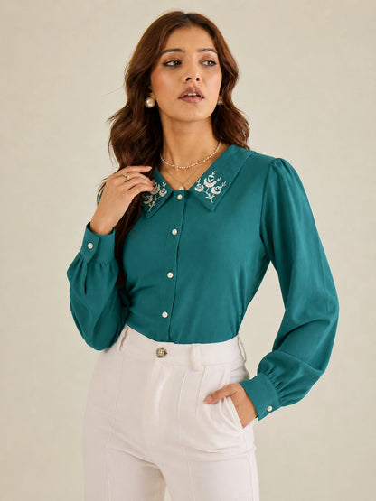 Women Teal Embroidered Collar Shirt