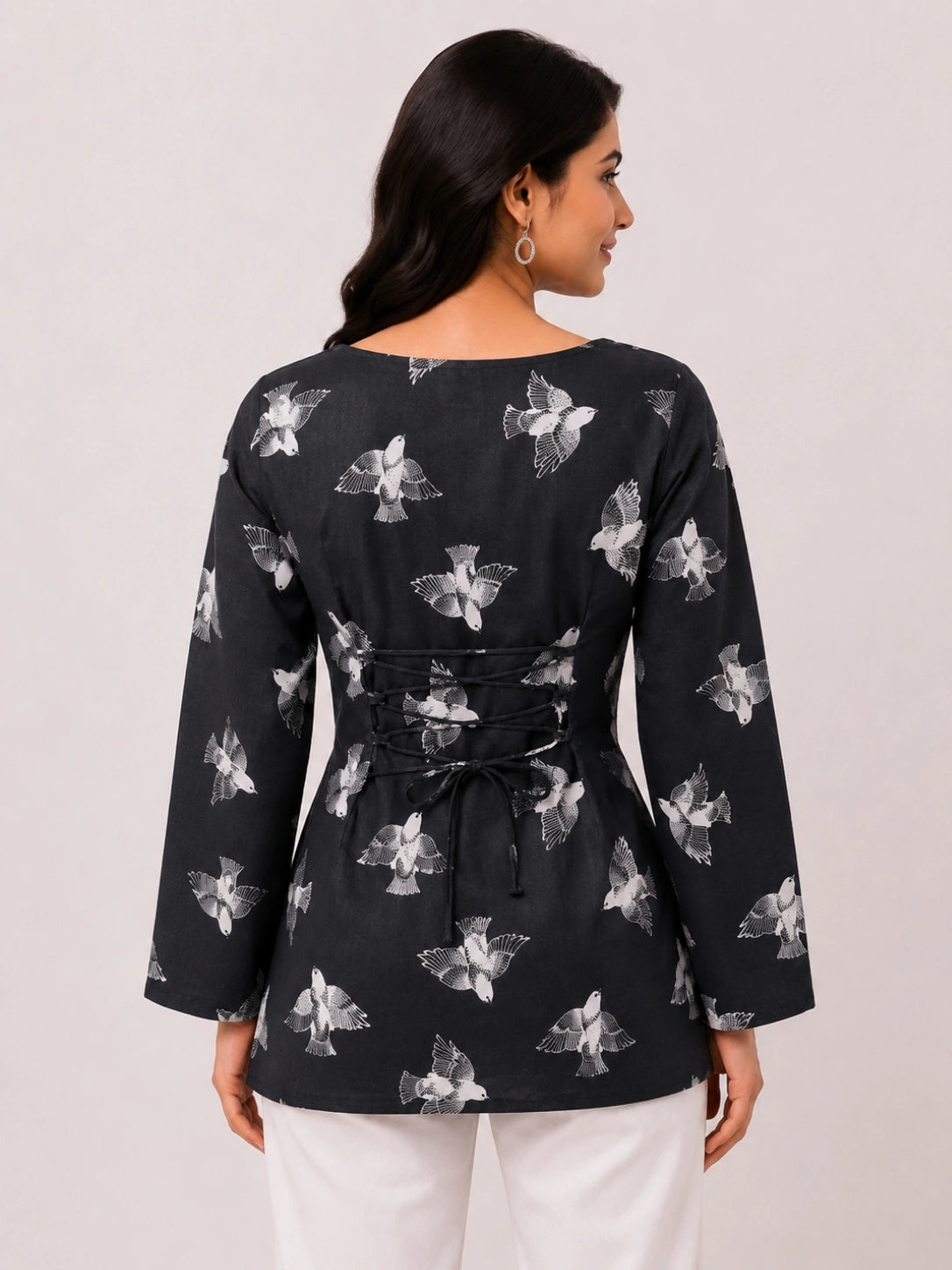 Women's Black Printed Corset Style Short Kurti with Square Neck, Full Bell Sleeves and Adjustable Back Tie-Up for Casual Wear