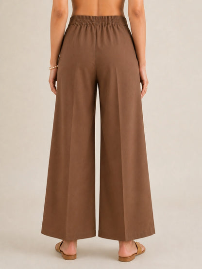 Women's Brown Solid Wide Leg Trousers