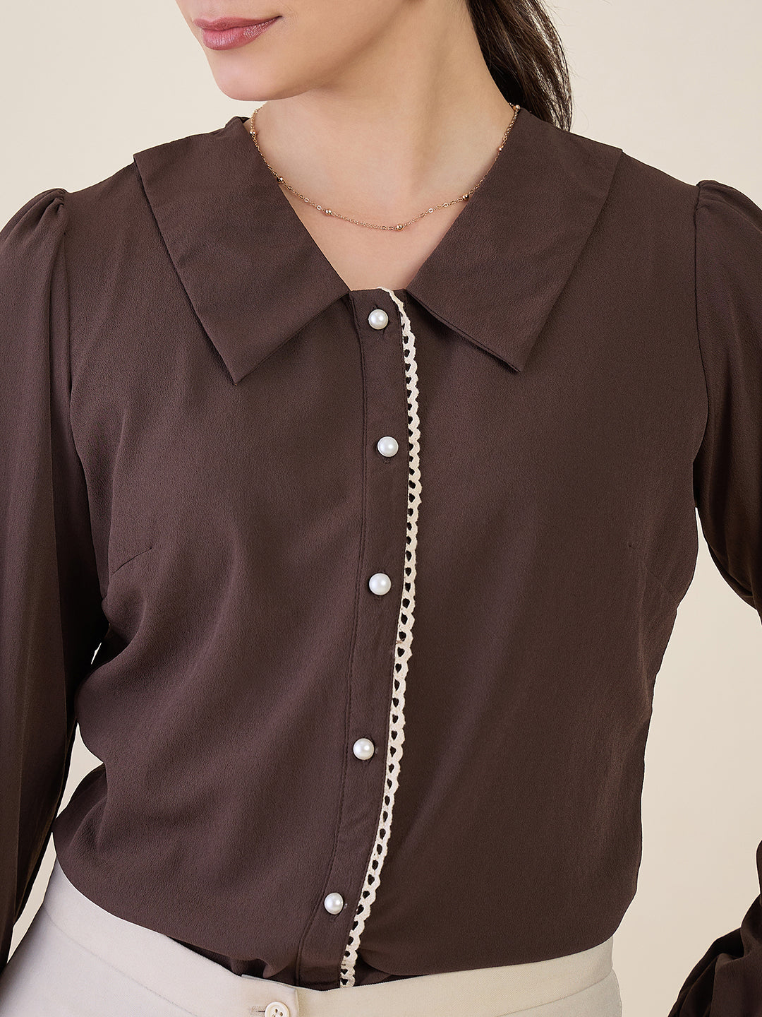 Women Brown Embroidered Cuff Shirt