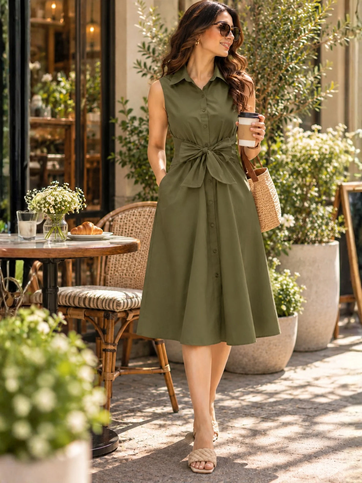 Women’s Olive Green Sleeveless Bow-Tie Shirt Dress
