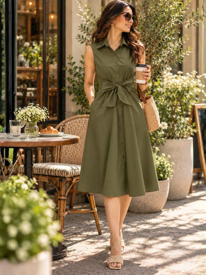Women’s Olive Green Sleeveless Bow-Tie Shirt Dress