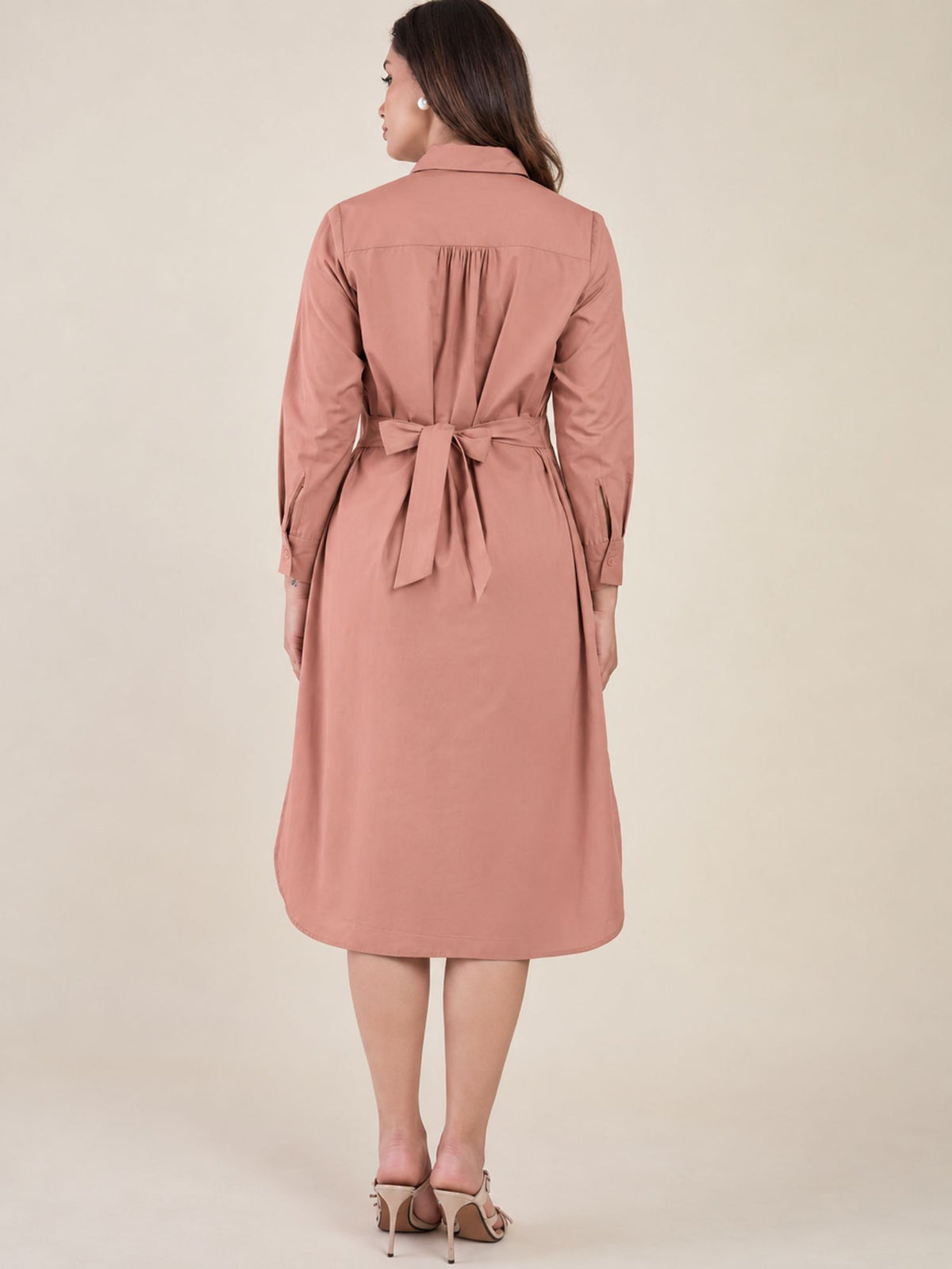 Women's Peach Shirt Dress | Shirt Collared Neck | Button Down Midi Dress with Waist Belt