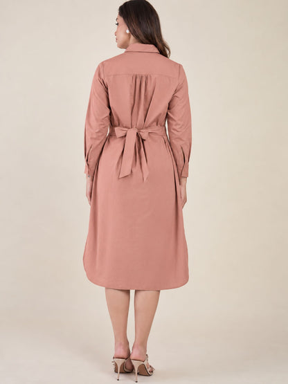 Women's Peach Shirt Dress | Shirt Collared Neck | Button Down Midi Dress with Waist Belt