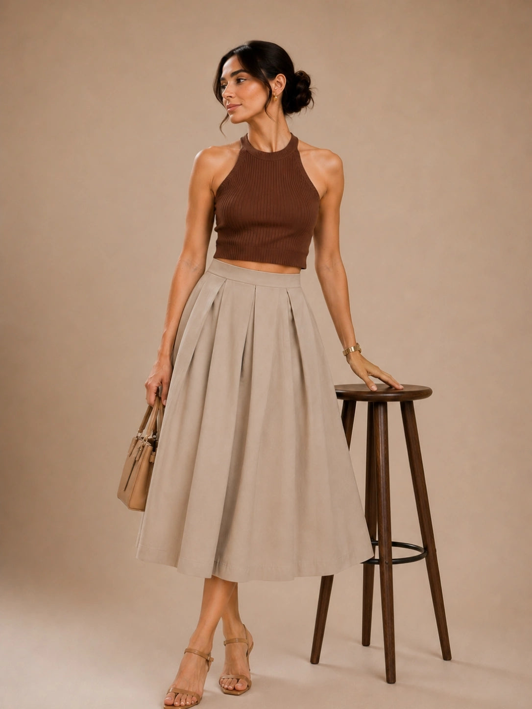 Women Beige Solid Pleated Flared Midi Skirt