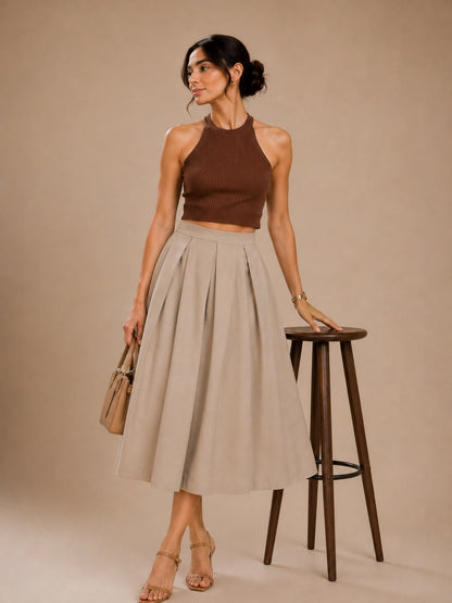 Women Beige Solid Pleated Flared Midi Skirt