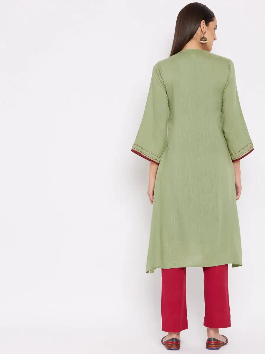 winered-green-a-line-rayon-embroidered-kurta