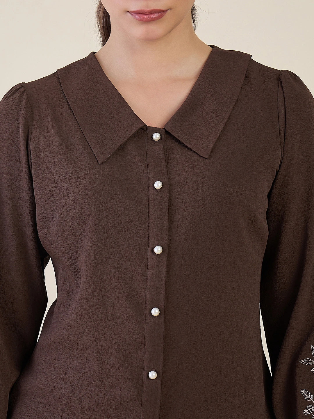 Women Brown Embroidered Peter Pan Collar Shirt