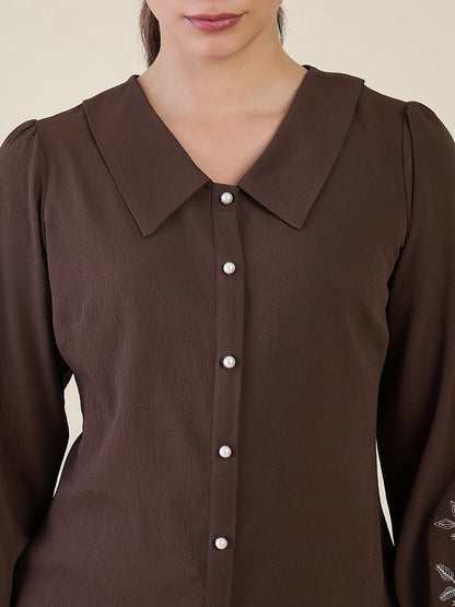 Women Brown Embroidered Peter Pan Collar Shirt