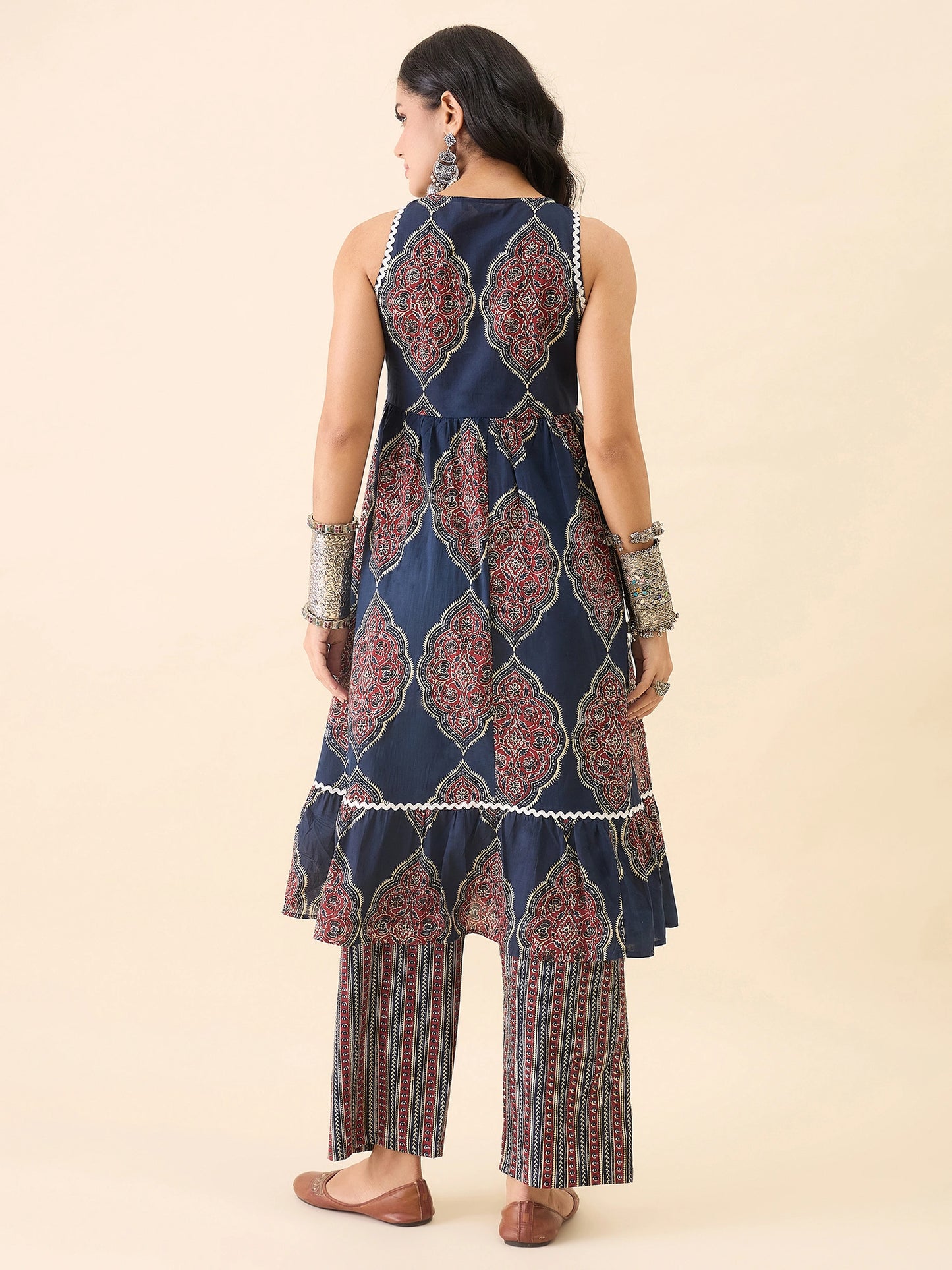 WineRed Women's Navy Blue Printed Sleeveless A-Line Kurta with Pant Set