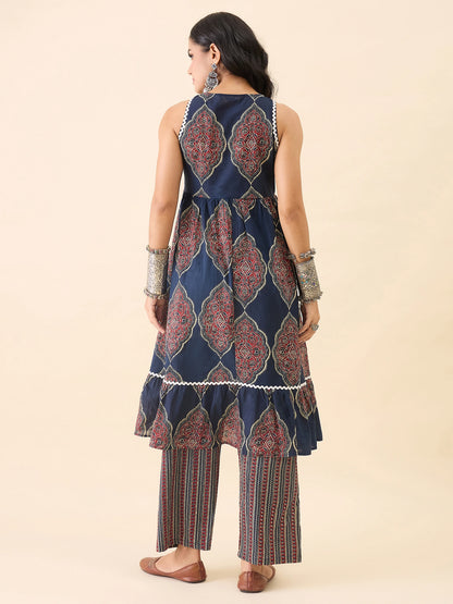 WineRed Women's Navy Blue Printed Sleeveless A-Line Kurta with Pant Set