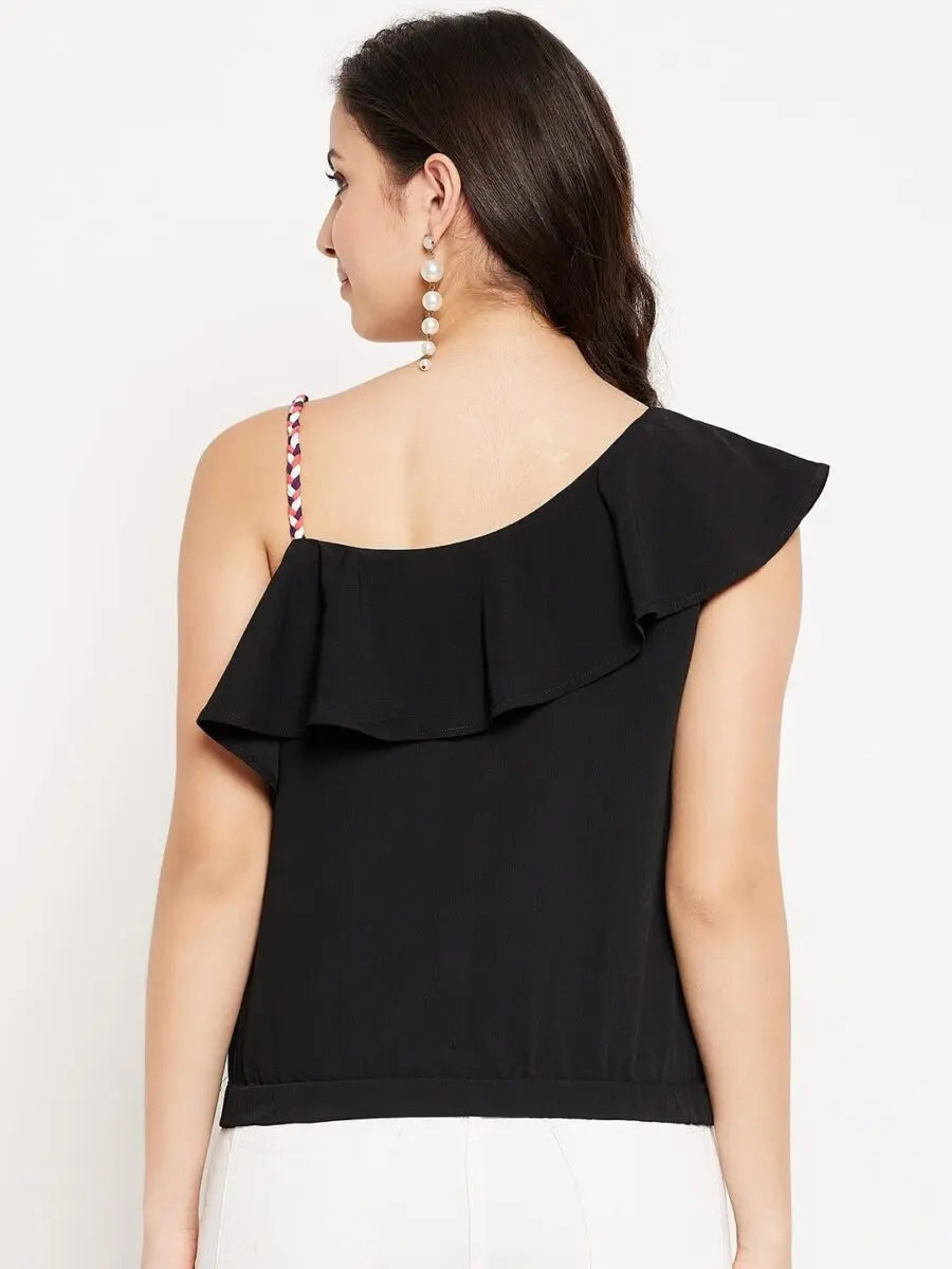winered-coloured-strap-ruffle-neck-top