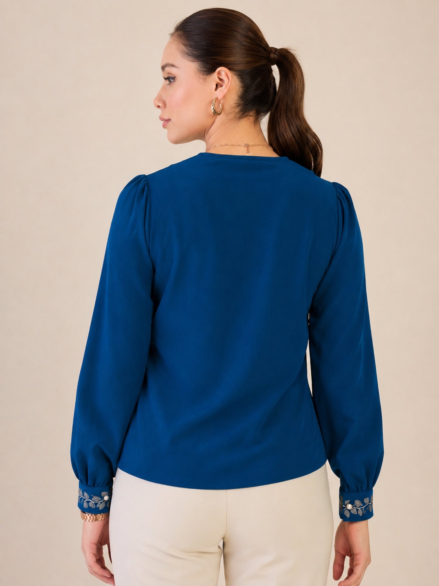 Women Blue Embroidered Cuff Shirt