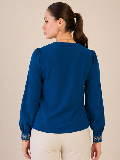 Women Blue Embroidered Cuff Shirt