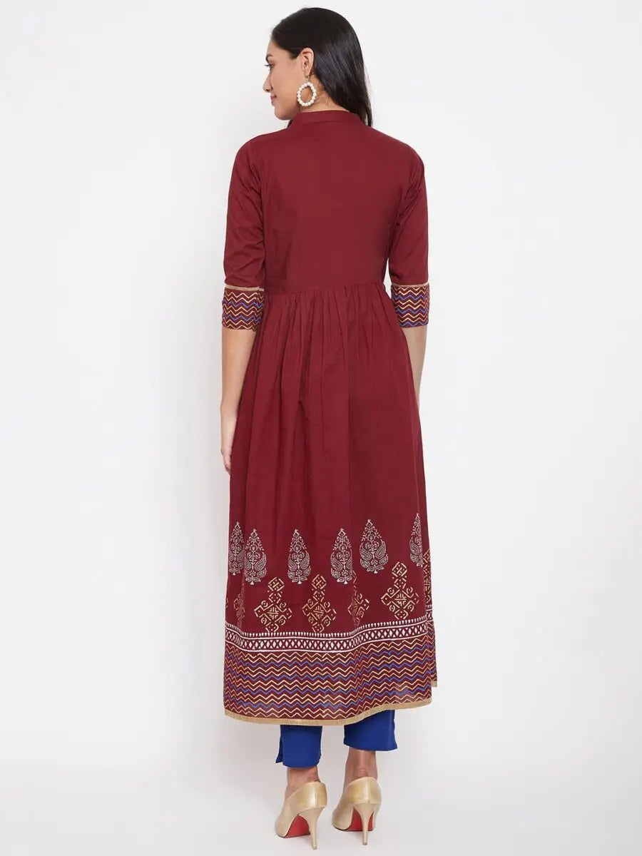 winered-maroon-flared-cotton-printed-kurta