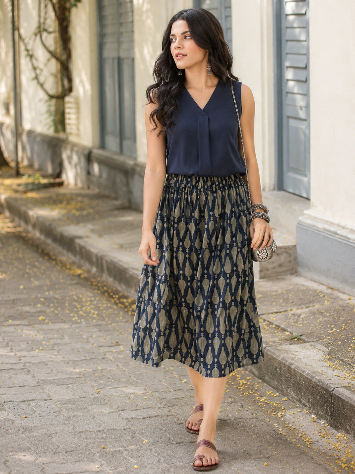 Women's Blue Ikat Printed Flared Midi Skirt with Elasticated Waistband