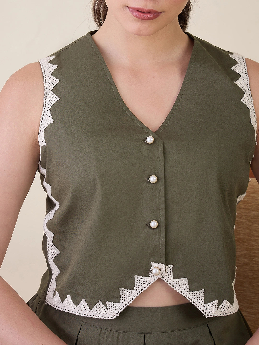 Women Olive Green Vest & Skirt Co-ord Set