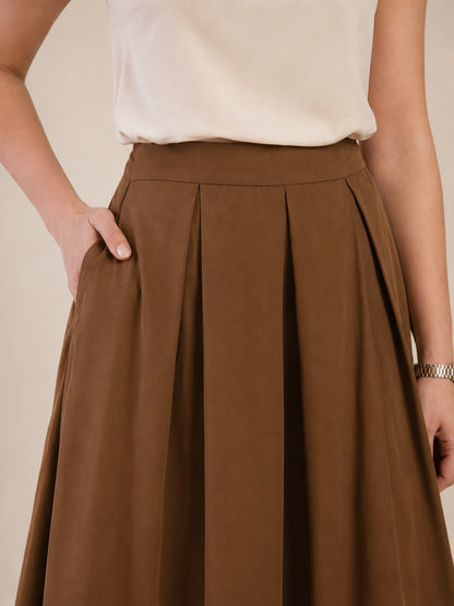 Women Brown Solid Pleated Flared Midi Skirt