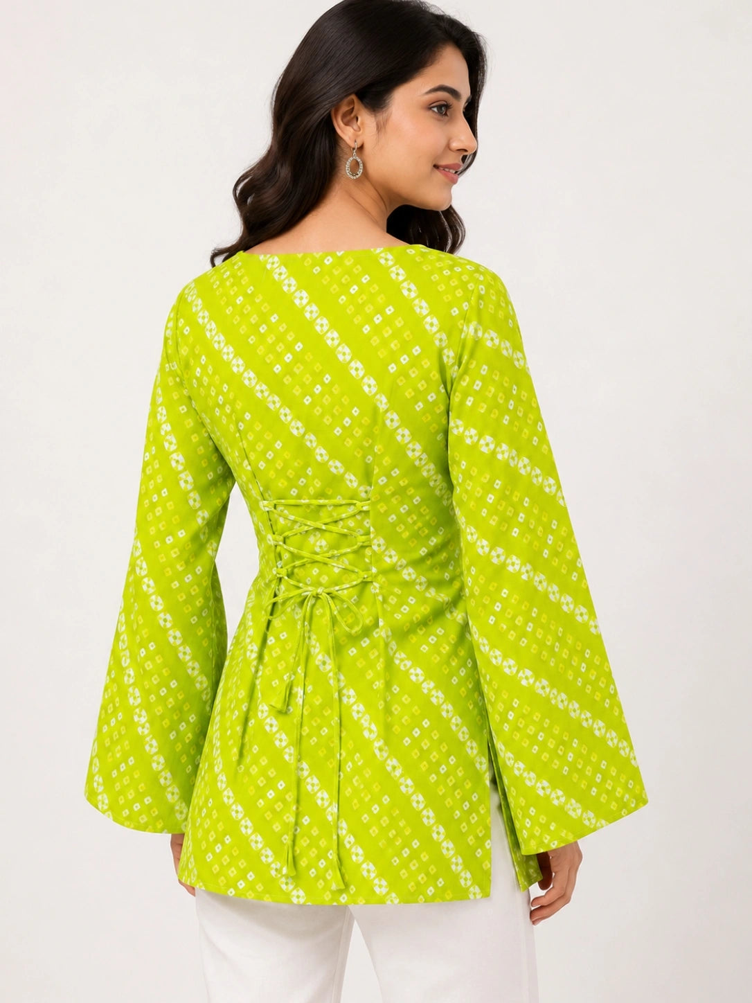 Women's Green Printed Corset Style Short Kurti with Square Neck, Full Bell Sleeves and Adjustable Back Tie-Up for Casual Wear