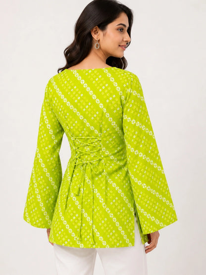 Women's Green Printed Corset Style Short Kurti with Square Neck, Full Bell Sleeves and Adjustable Back Tie-Up for Casual Wear