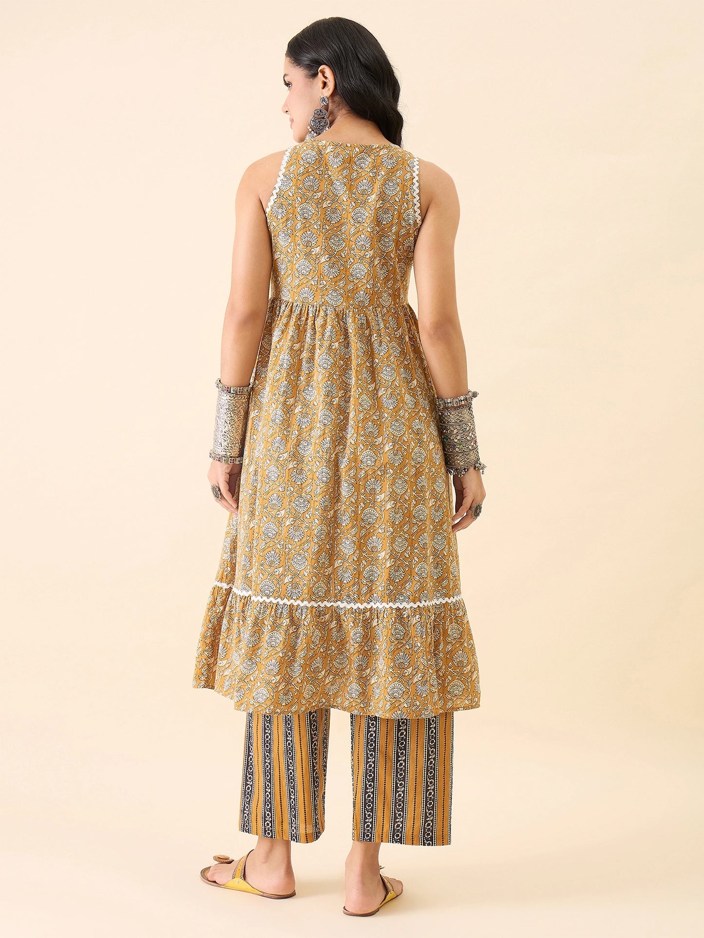 Women's Yellow Floral Printed Sleeveless A-Line Kurta with Palazzo Set | Round Neck Ethnic Wear | Casual & Festive Wear