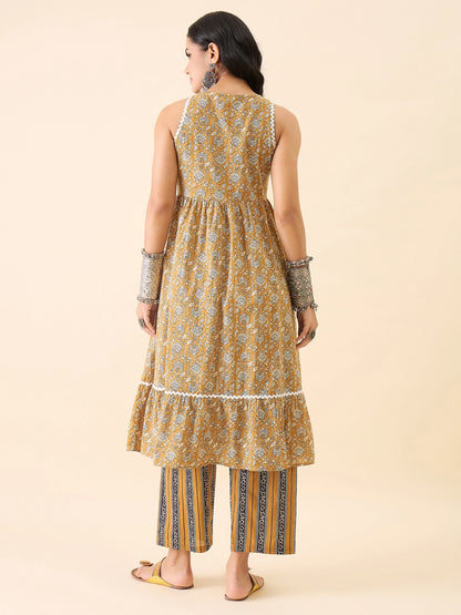 Women's Yellow Floral Printed Sleeveless A-Line Kurta with Palazzo Set | Round Neck Ethnic Wear | Casual & Festive Wear