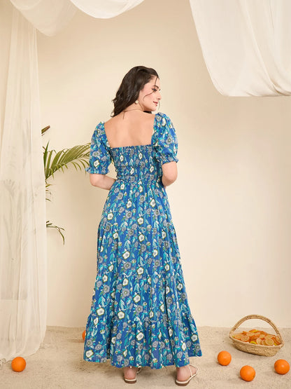 women-blue-floral-print-smocked-flare-dress