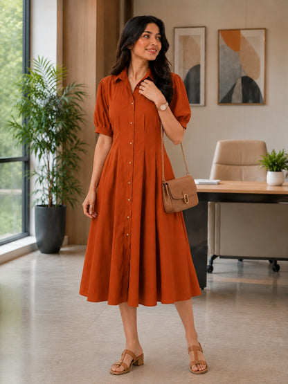 WineRed Women's Solid Puff Sleeve Midi Dress