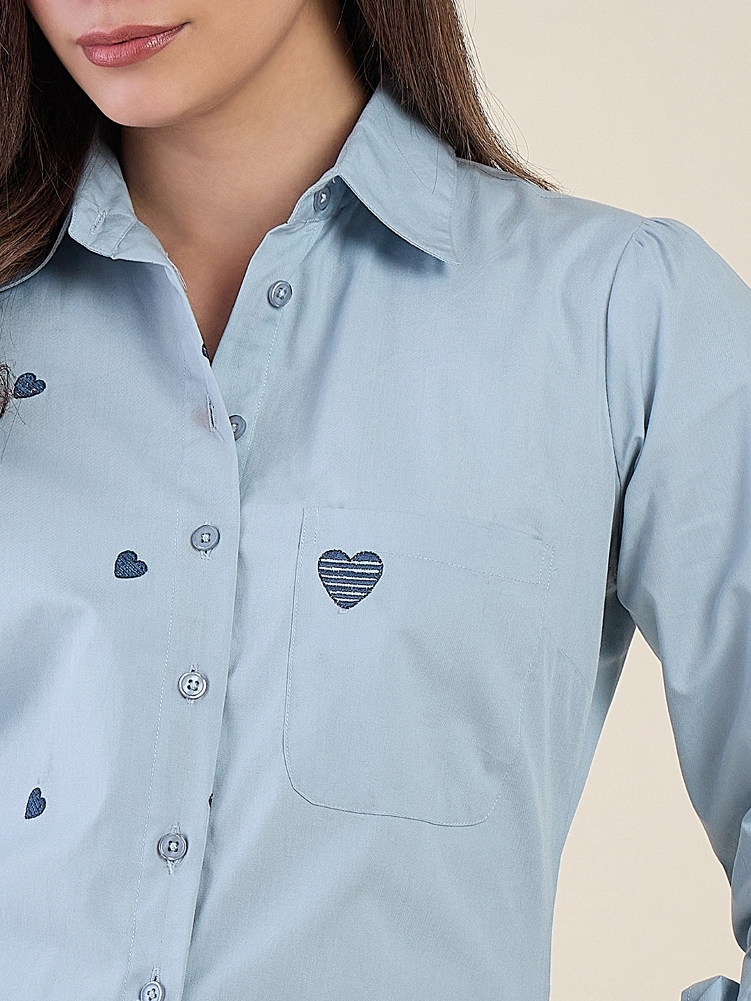 Women Blue Heart Embroidered Casual Shirt