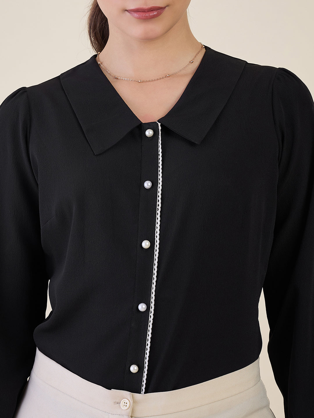 Women Black Embroidered Cuff Shirt