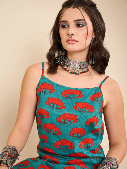 women-teal-lotus-print-strap-kurta-and-dhoti-co-ord-set