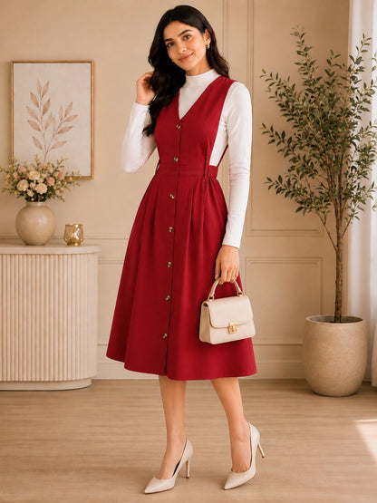 Women Solid Maroon Button-Down Pinafore Dress