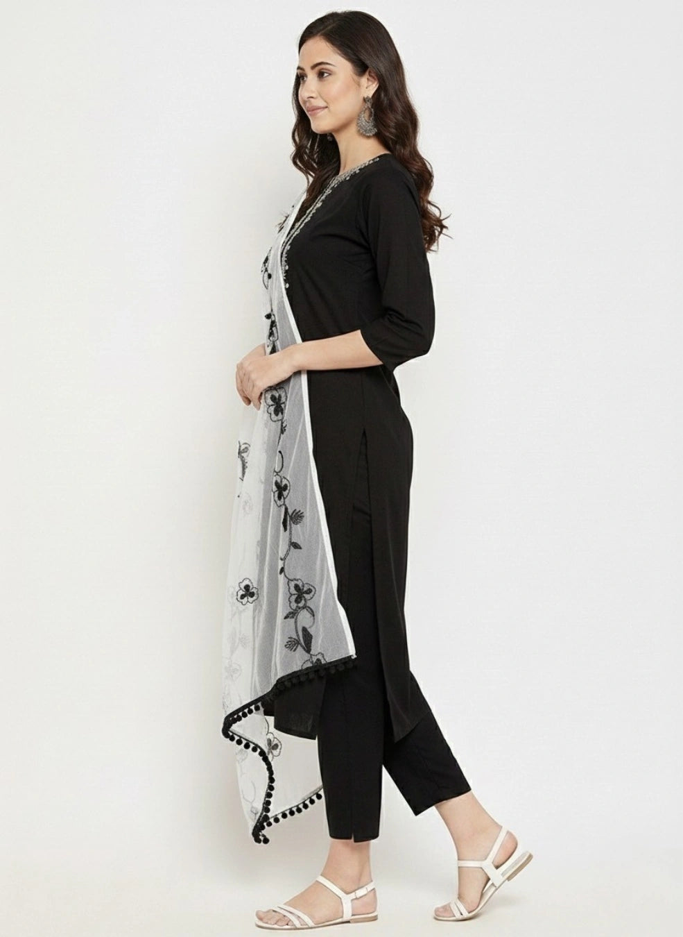 Women's Black Embroidered Cotton Kurta Set with Dupatta