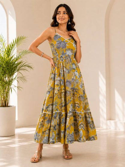WineRed Women's Floral Printed Shoulder Strap Tiered Maxi Dress | Casual Summer Vacation Wear