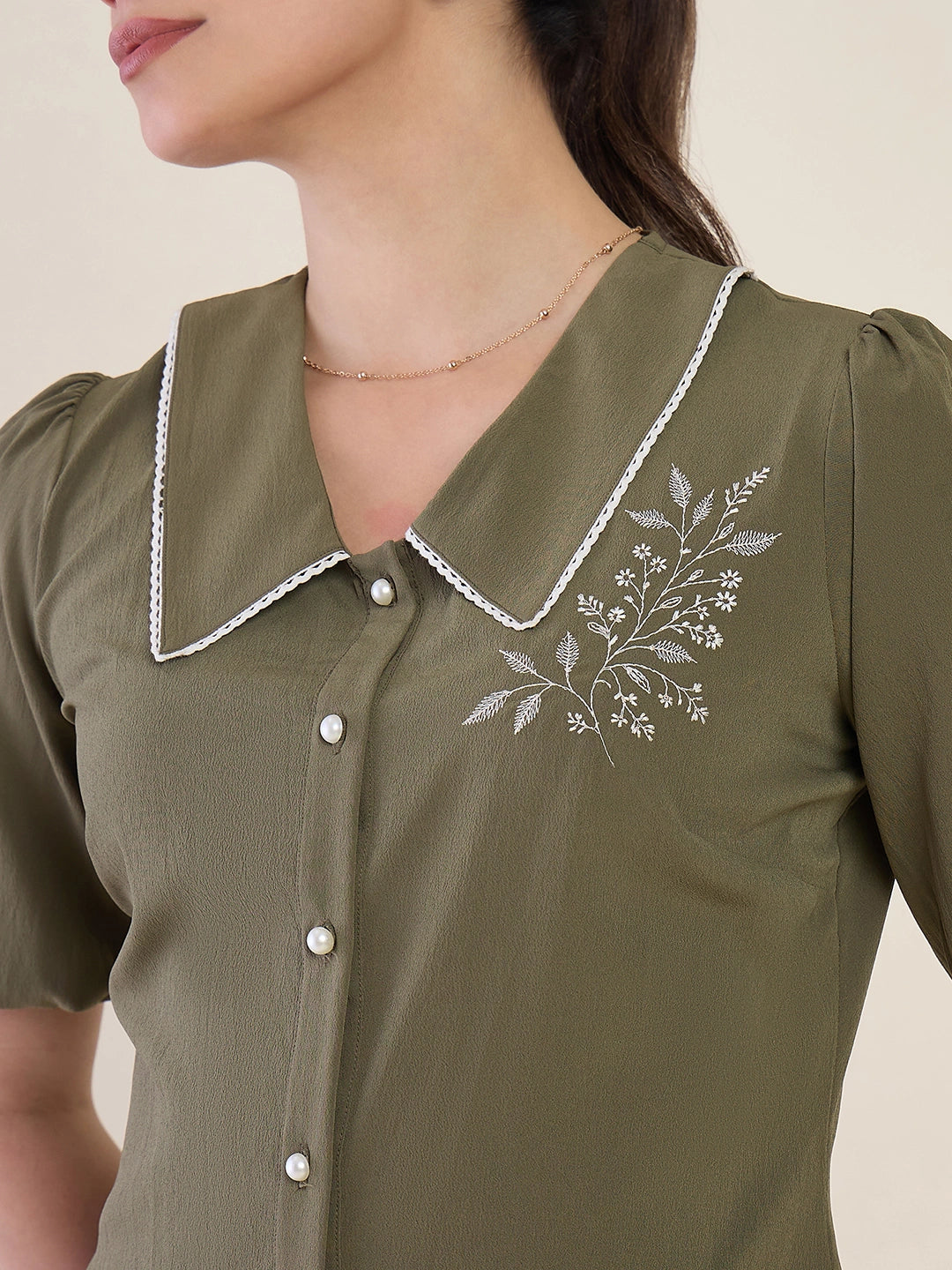 Women Olive Green Embroidered Shirt Top