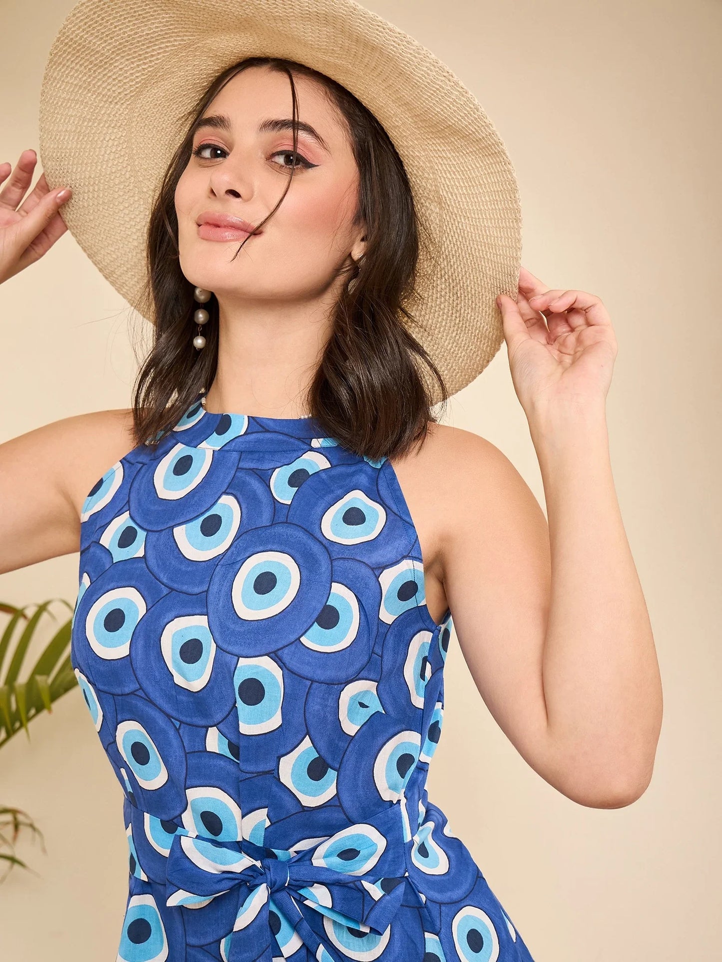 women-blue-evil-eye-printed-halter-neck-cotton-dress