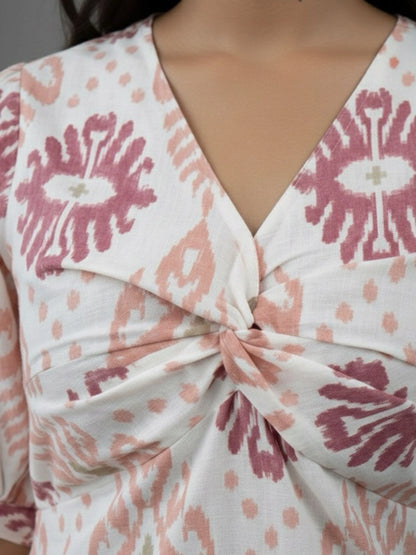 Women Cotton Ikat Printed Knotted Midi Dress