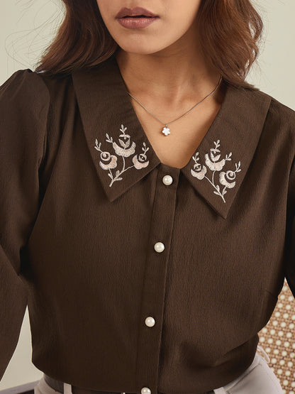 winered-women-brown-collared-shirt-with-contrast-embriodery