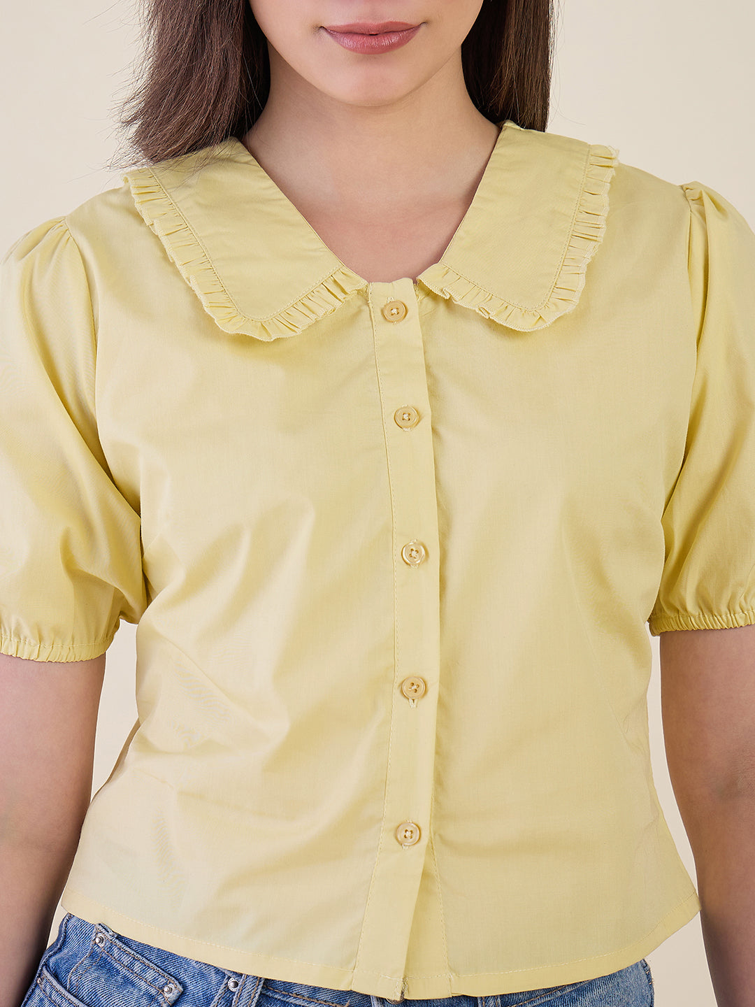 Women Yellow Ruffle Collar Puff Sleeve Top
