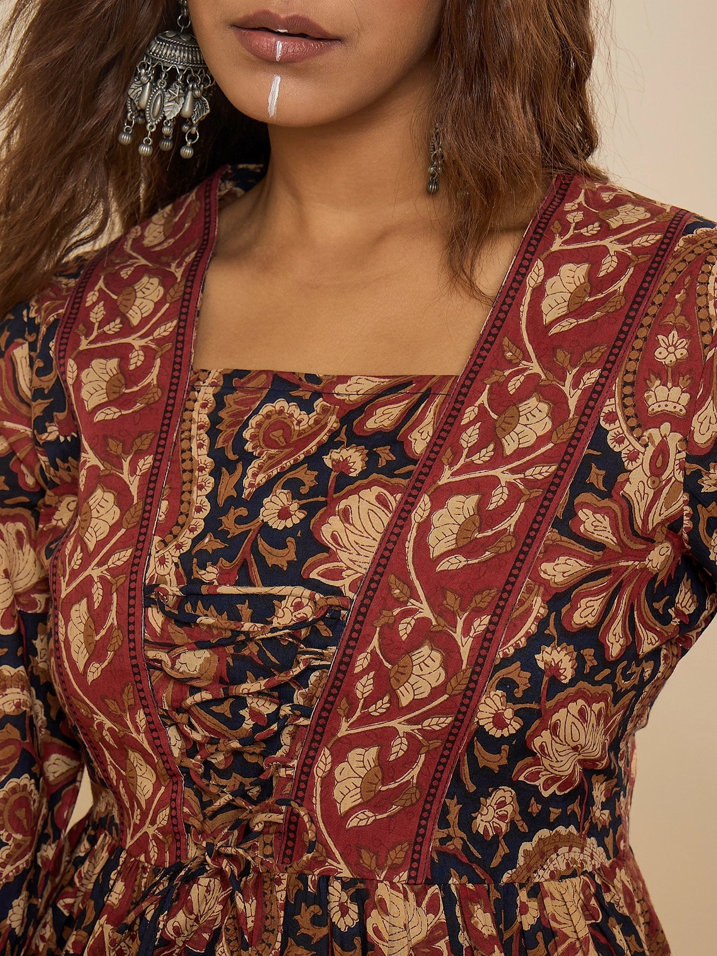 Women Cotton Navy Blue Printed Bodered Peplum Top