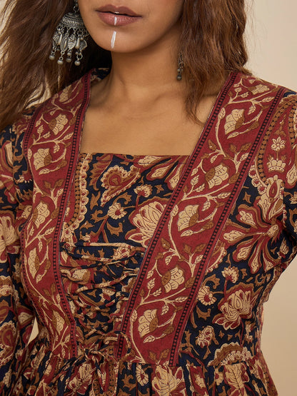 Women Cotton Navy Blue Printed Bodered Peplum Top