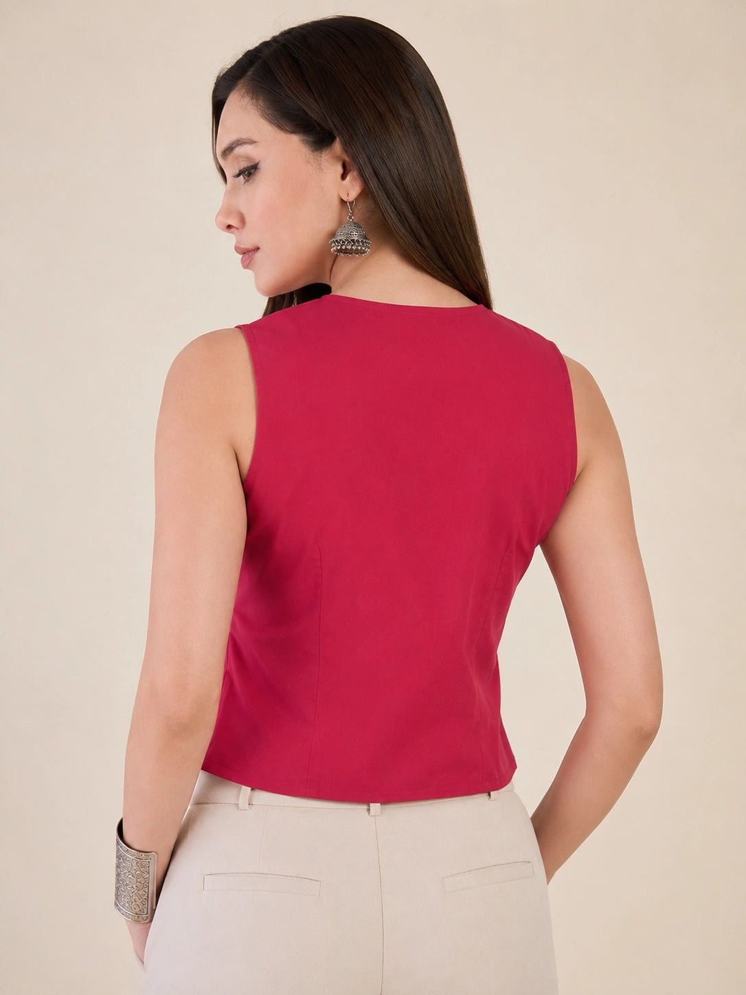 Women Solid Sleeveless V-Neck Waistcoat Top