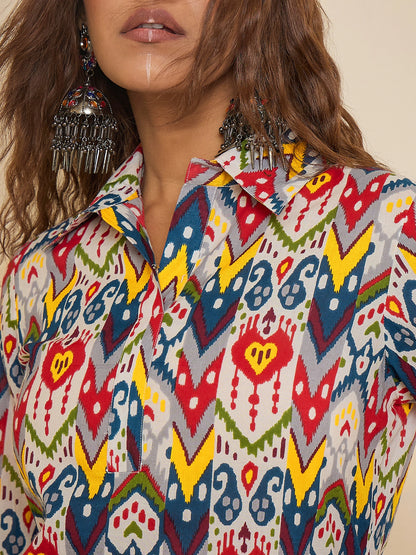 women-geometric-print-collared-pathani-kurta-set