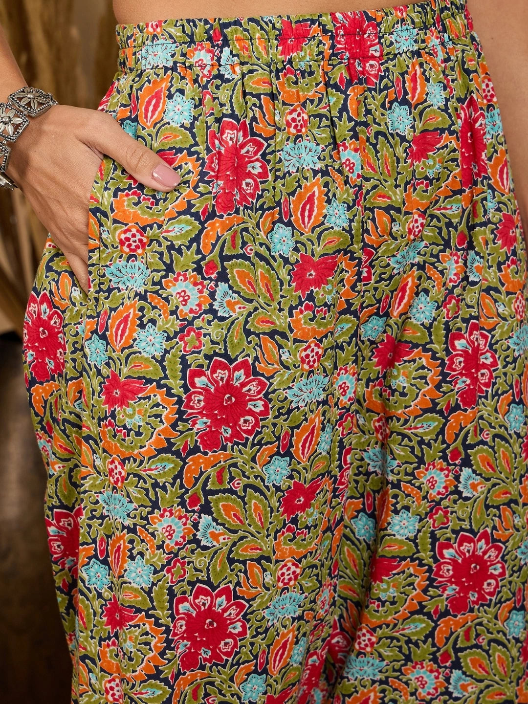 WineRed Woman Navy Blue Floral Print Neck Embroidery Naira Cut Kurta, Pant & Dupatta