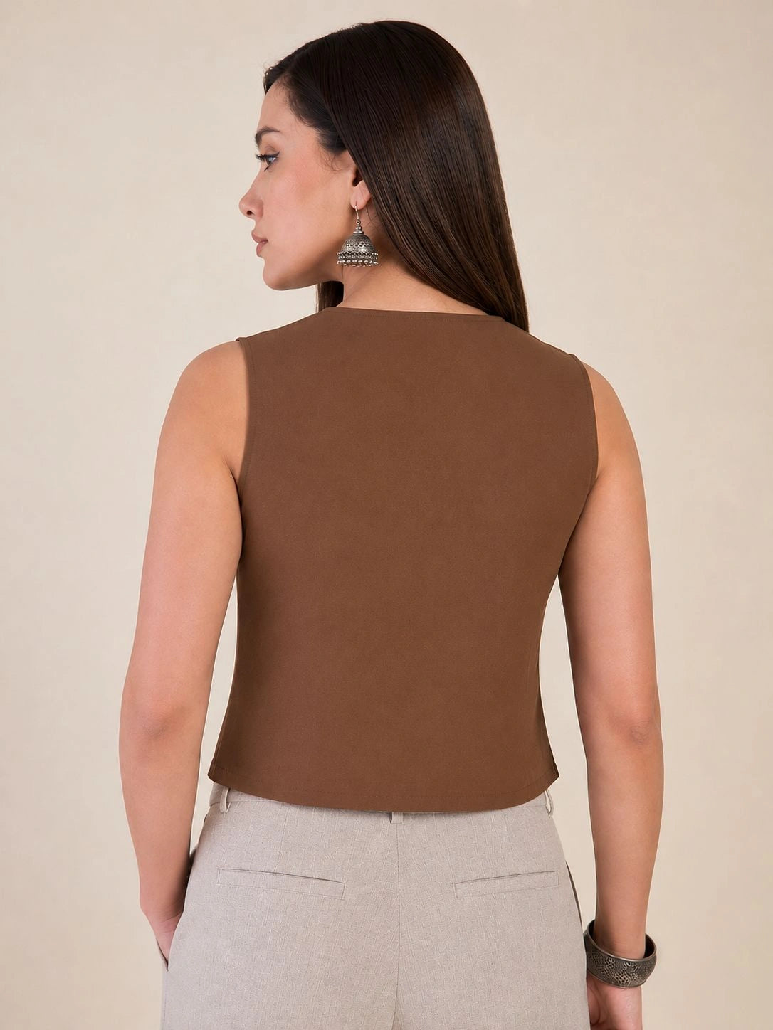 Women Solid Sleeveless V-Neck Waistcoat Top