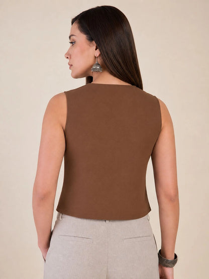 Women Solid Sleeveless V-Neck Waistcoat Top